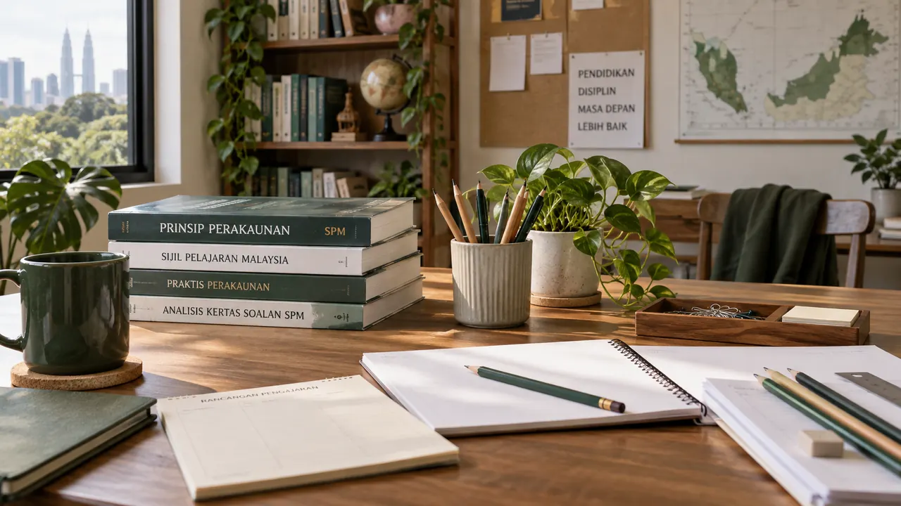 Desk with accounting books and notebooks
