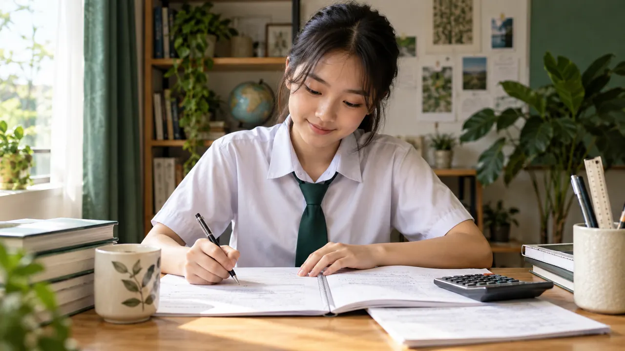 Student reviewing accounting practice papers at a desk