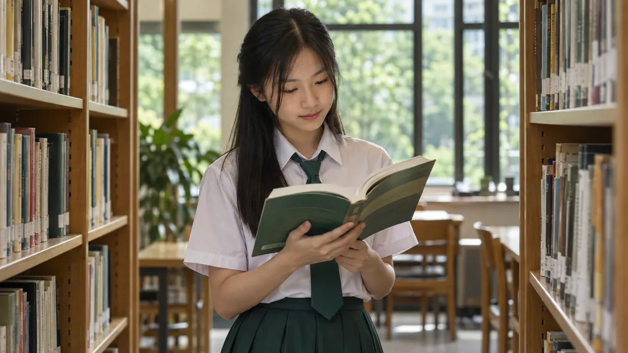 Student reading a study guide in a library