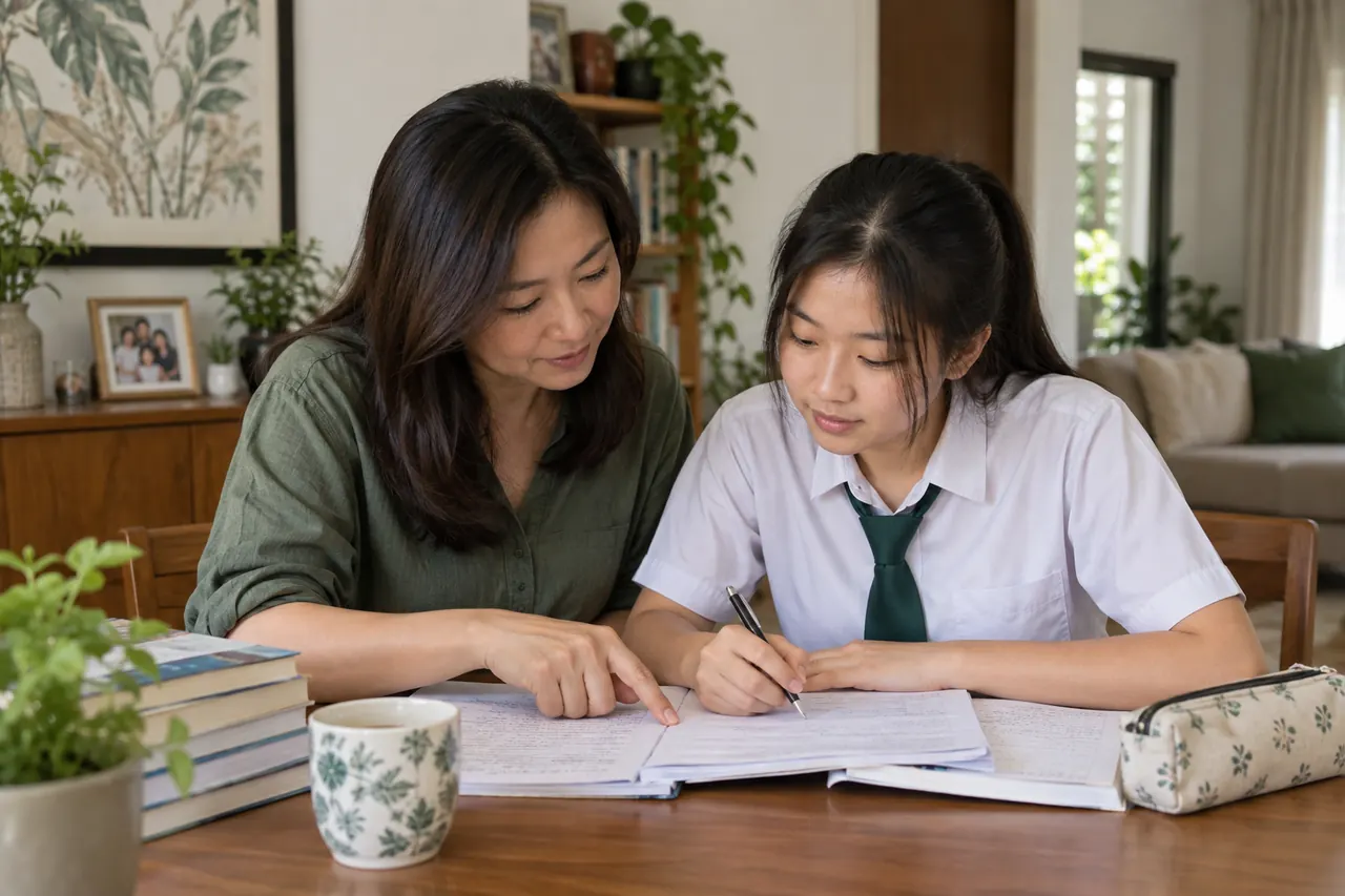 Parent and student discussing accounting class notes