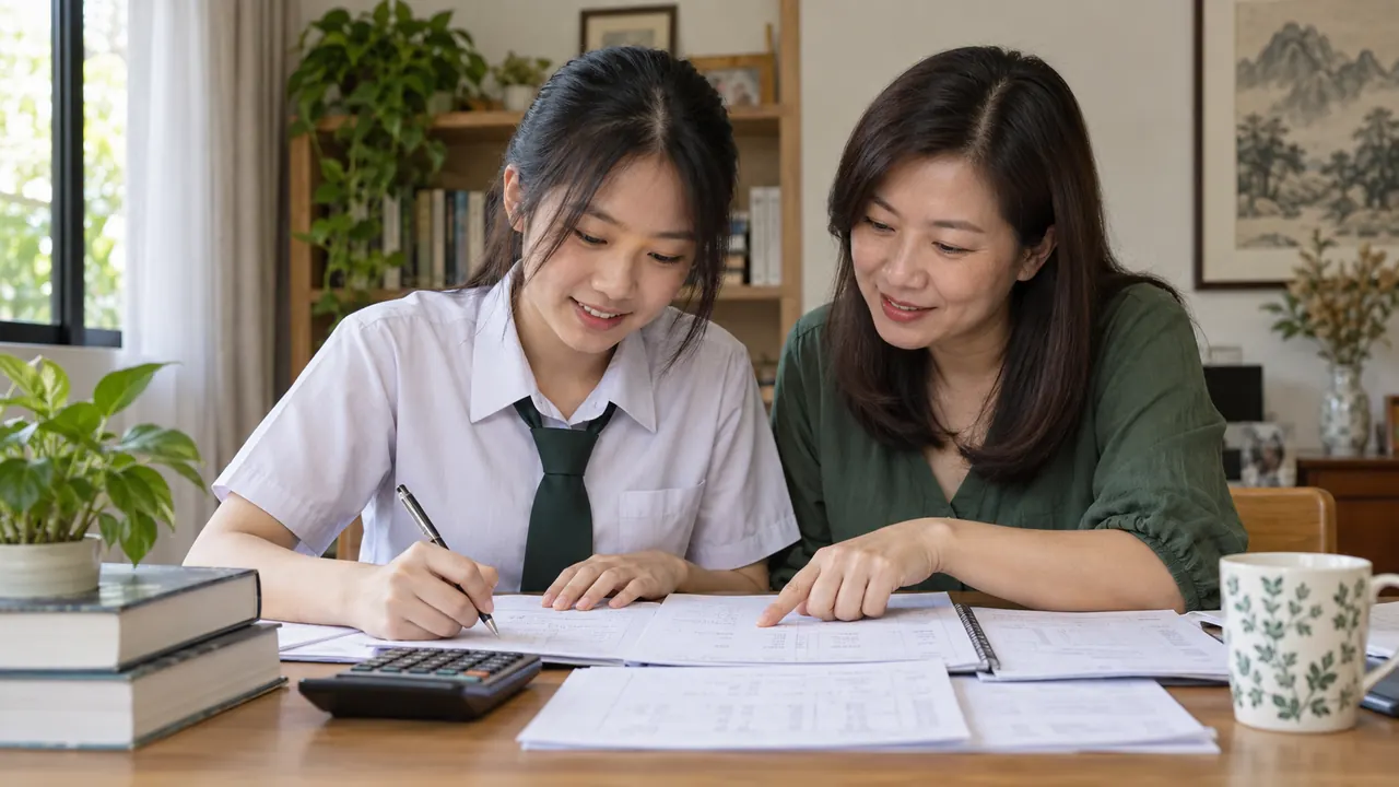 Student and parent working through accounting exercises together