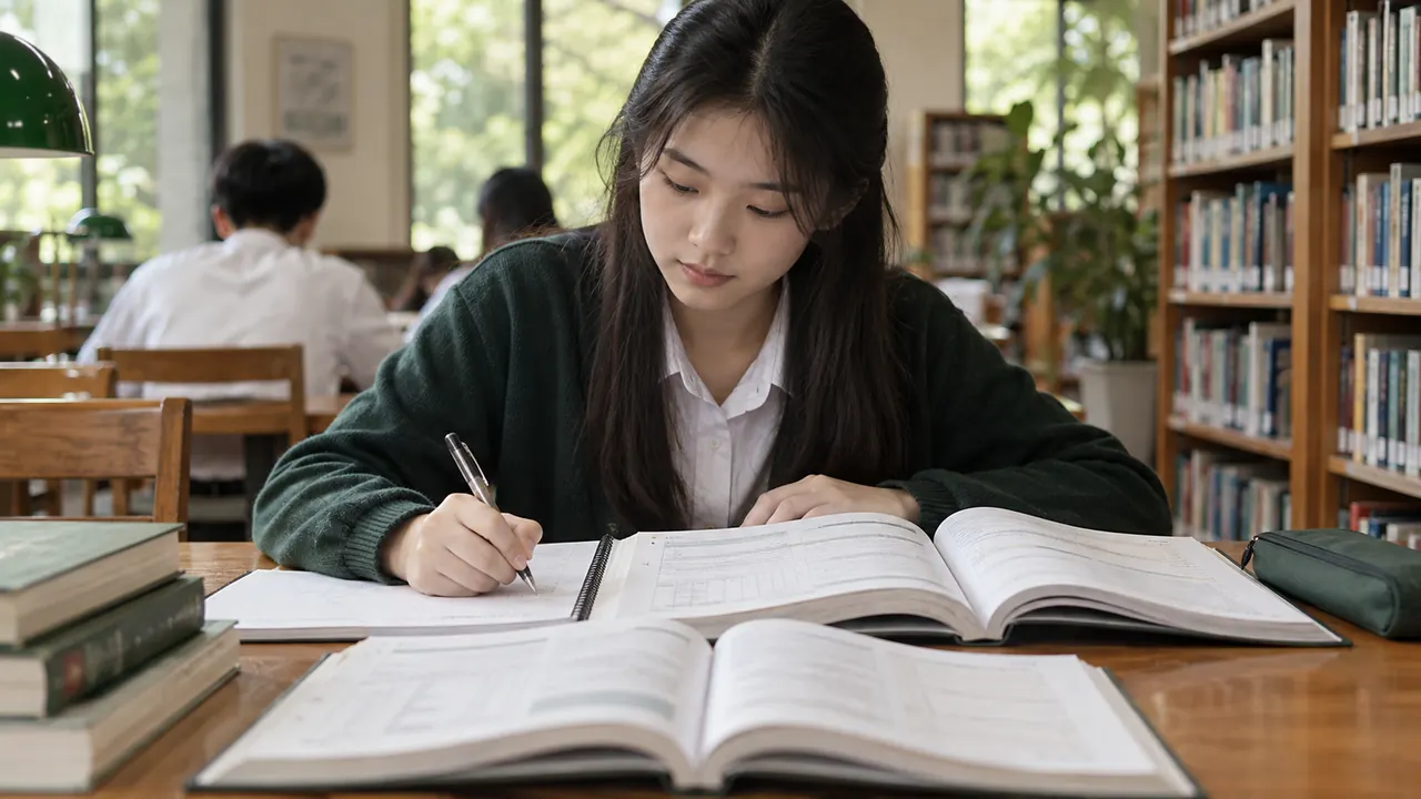 Student studying accounting textbooks and notes in a library