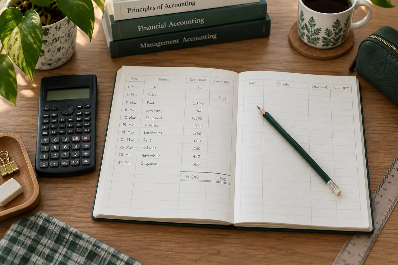 Calculator, ledger notebook and pencil on a study desk