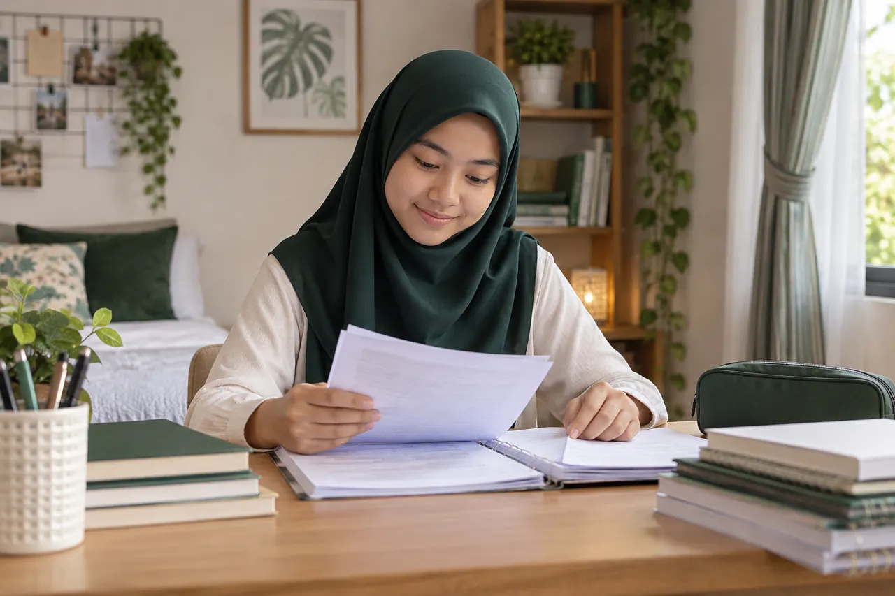 Pelajar menyemak helaian latihan perakaunan dengan teliti