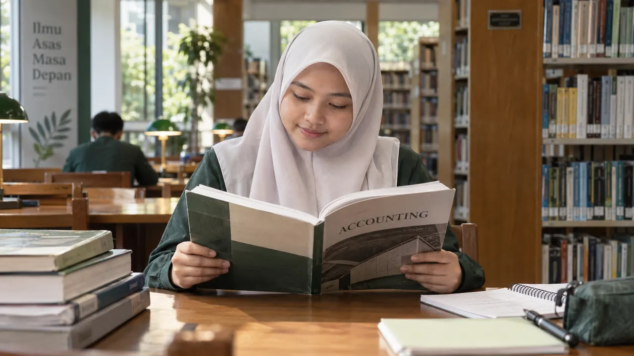 Pelajar membaca buku panduan perakaunan di perpustakaan
