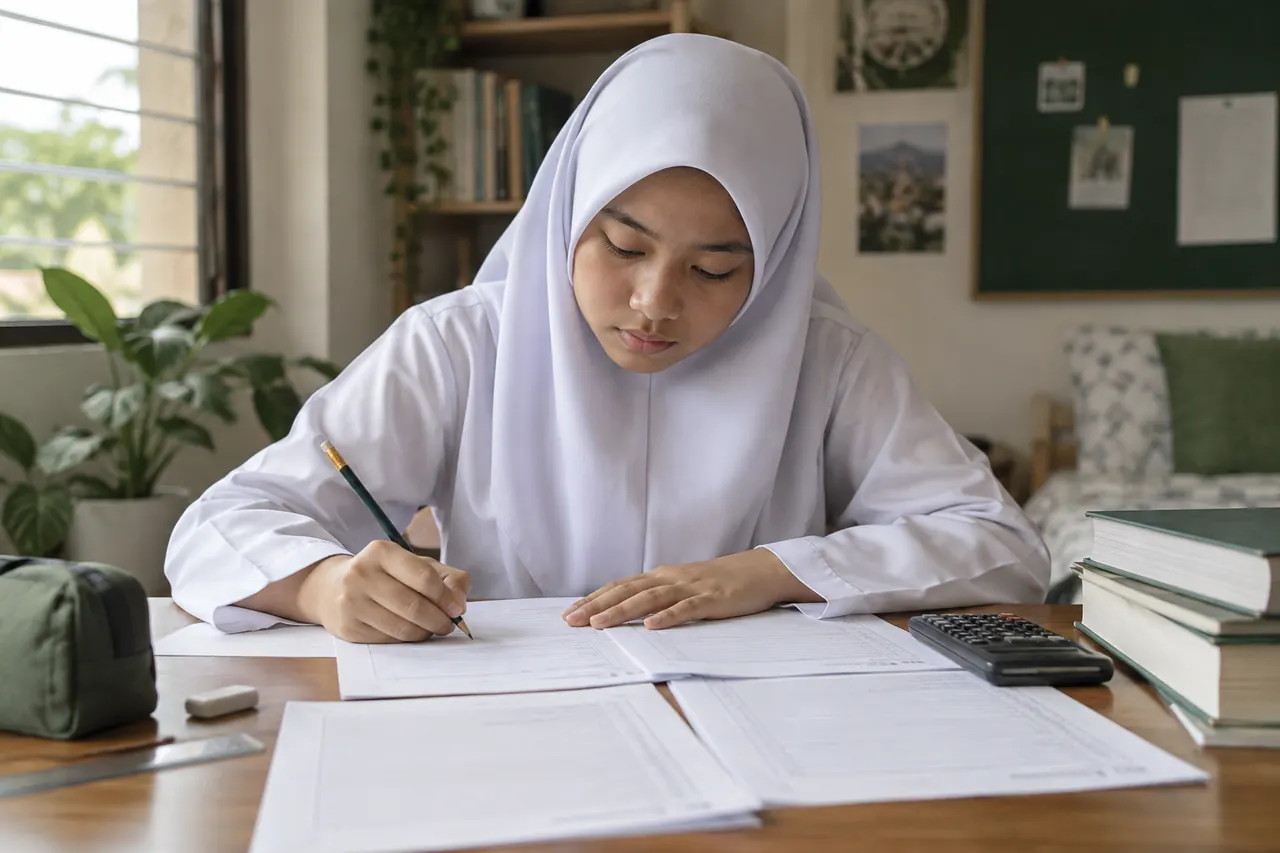 Pelajar berlatih menjawab soalan perakaunan di meja belajar