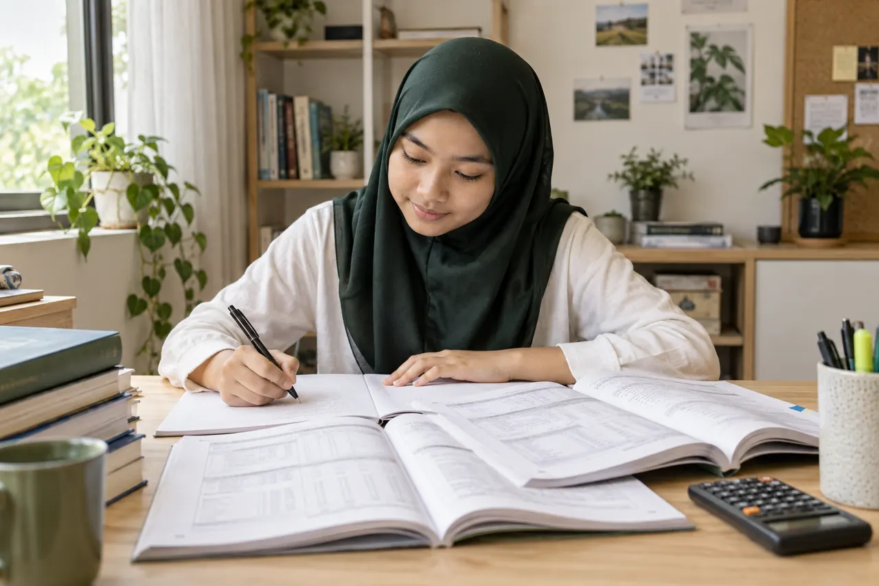 Pelajar mengulang kaji buku dan nota Prinsip Perakaunan