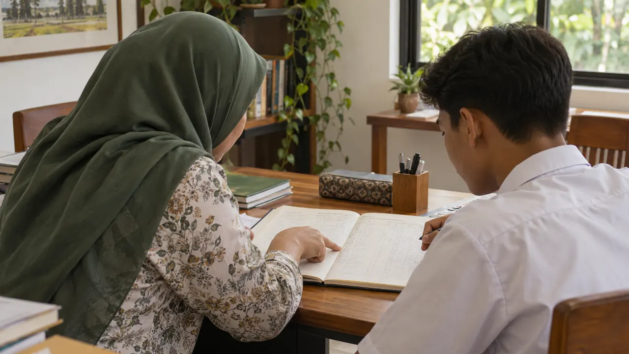 Guru membimbing pelajar menggunakan buku latihan perakaunan