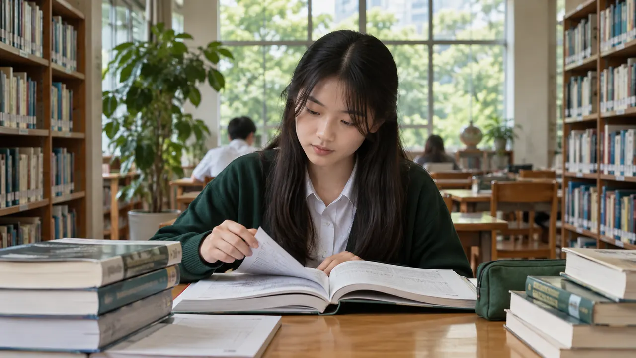 学生在图书馆阅读会计学习资料