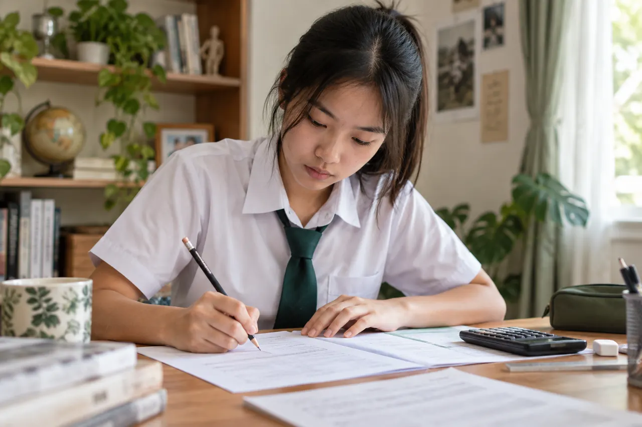 学生在书桌前练习会计试题
