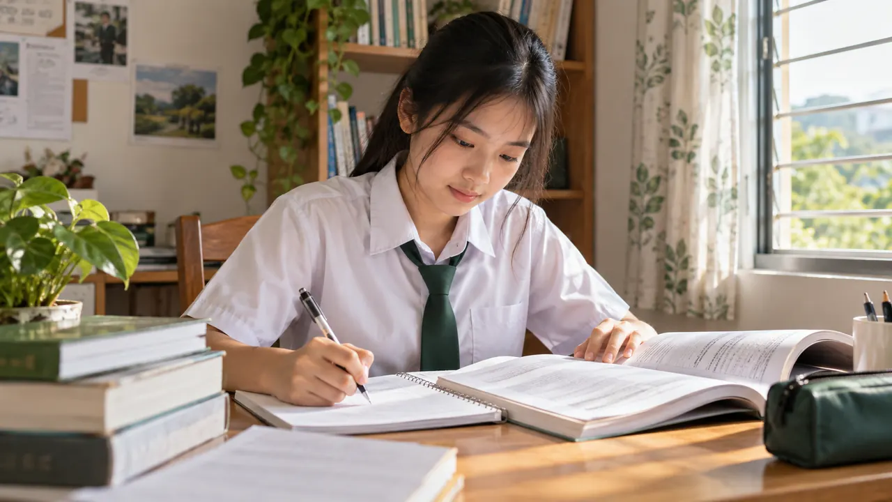 学生在书桌前阅读会计课本与笔记